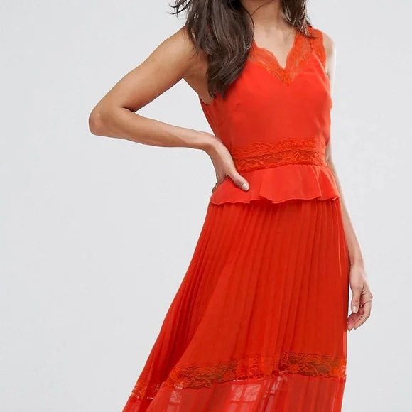 River Island Bright Orange Lace Ruffle Pleated Lace Midi Cocktail Dress